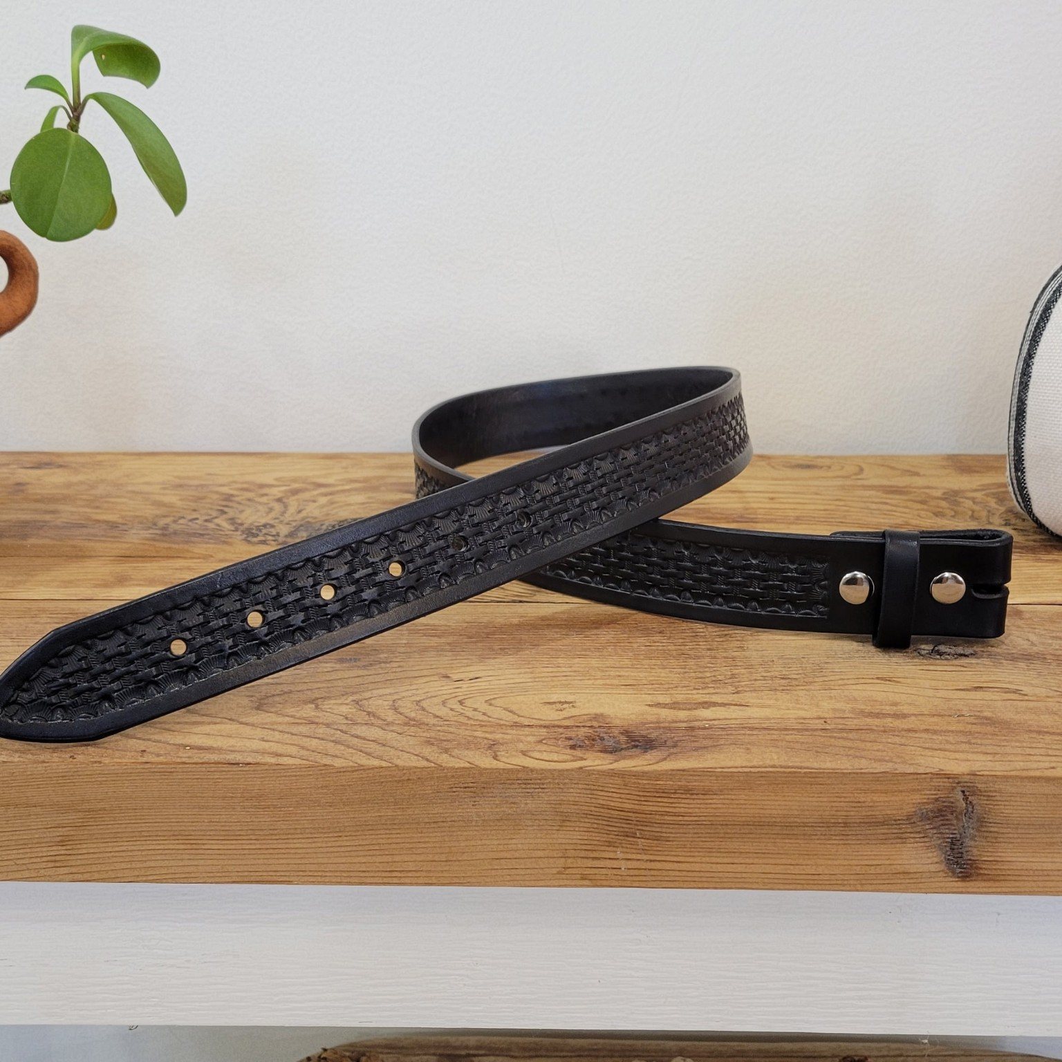 Black basketweave leather belt